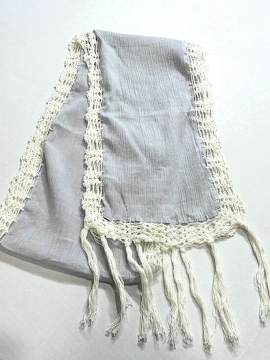 Unbranded Accessories - Womens Cotton Gauze Knit Scarf Crochet Trim with Tassles Light Blue & White 74"